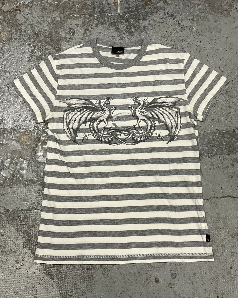 2000s Cavalli White & Grey Dragon Striped T-Shirt slzqbAM 0