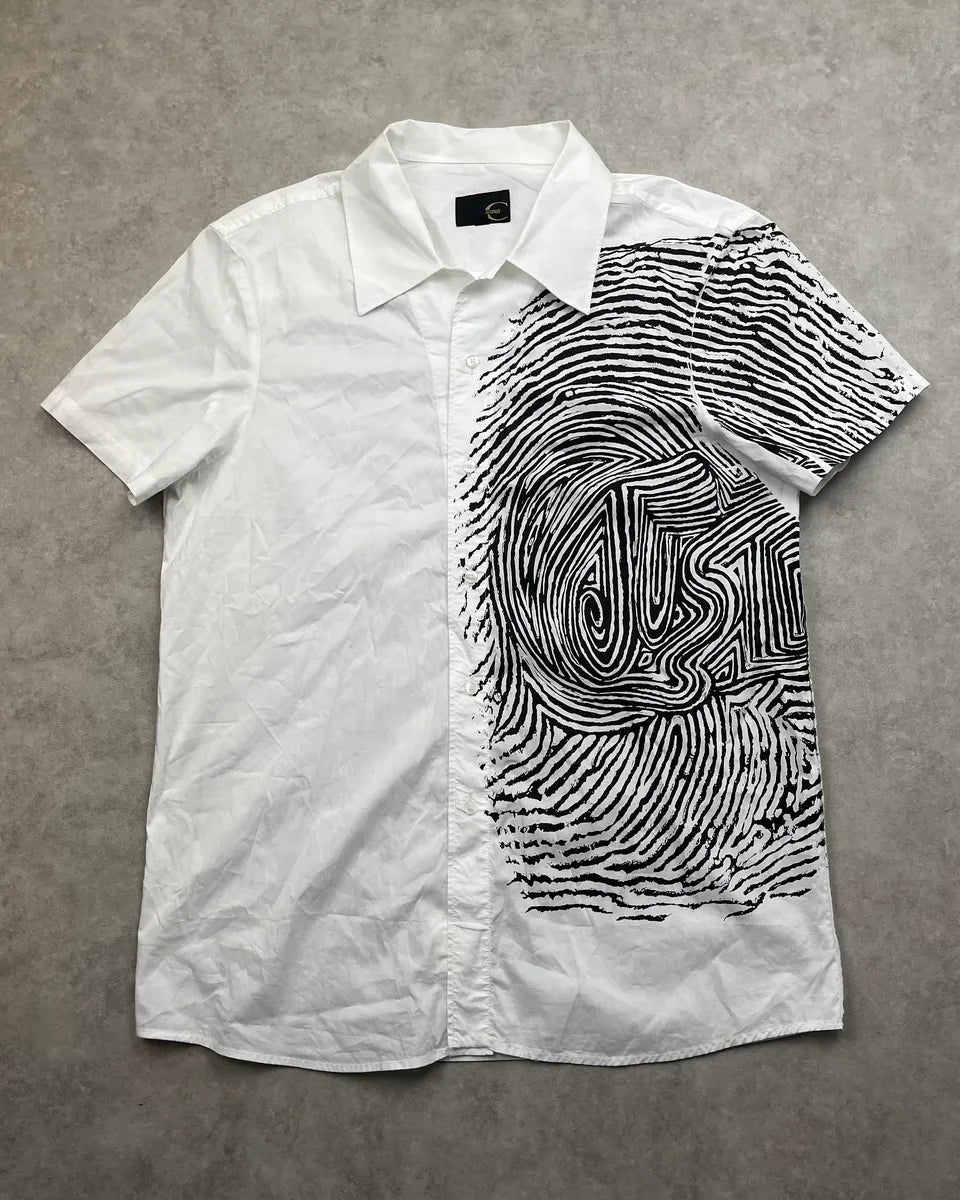 2000s Cavalli White Abstract Fingerprint Short Sleeves Shirt LSzMohY 0