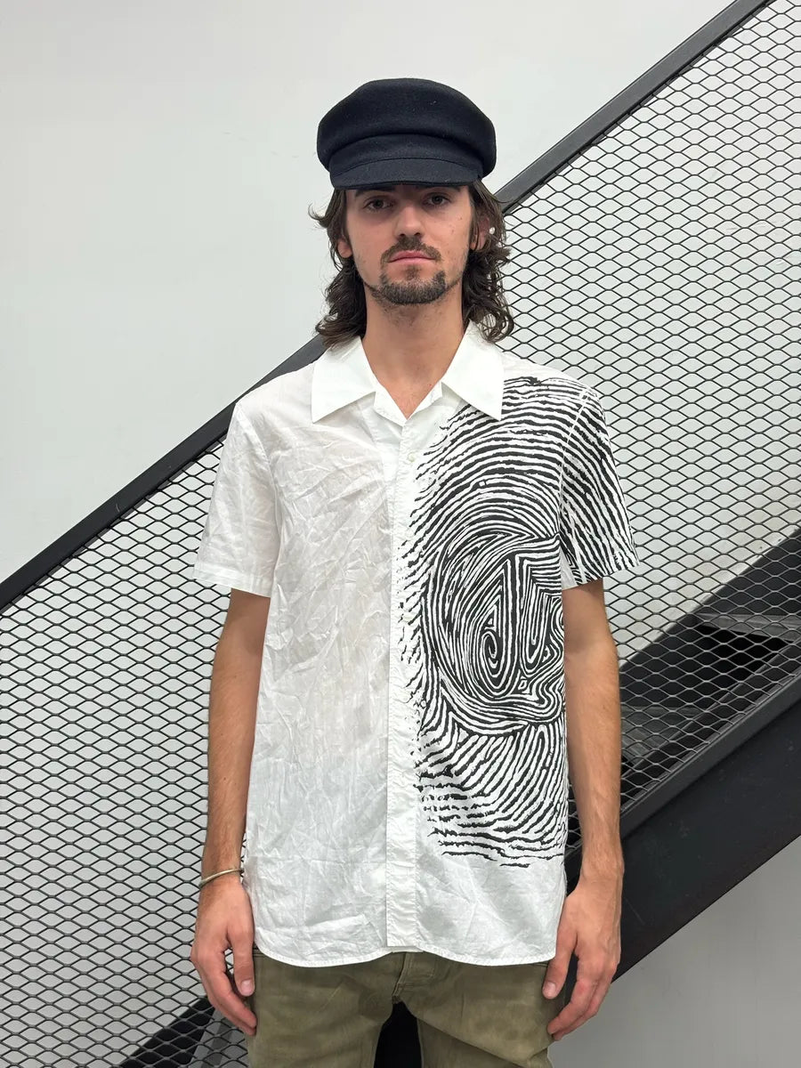 2000s Cavalli White Abstract Fingerprint Short Sleeves Shirt LSzMohY 1