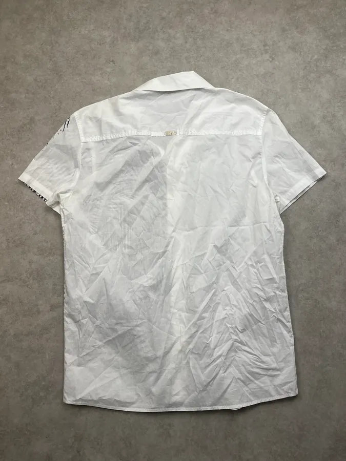 2000s Cavalli White Abstract Fingerprint Short Sleeves Shirt LSzMohY 5