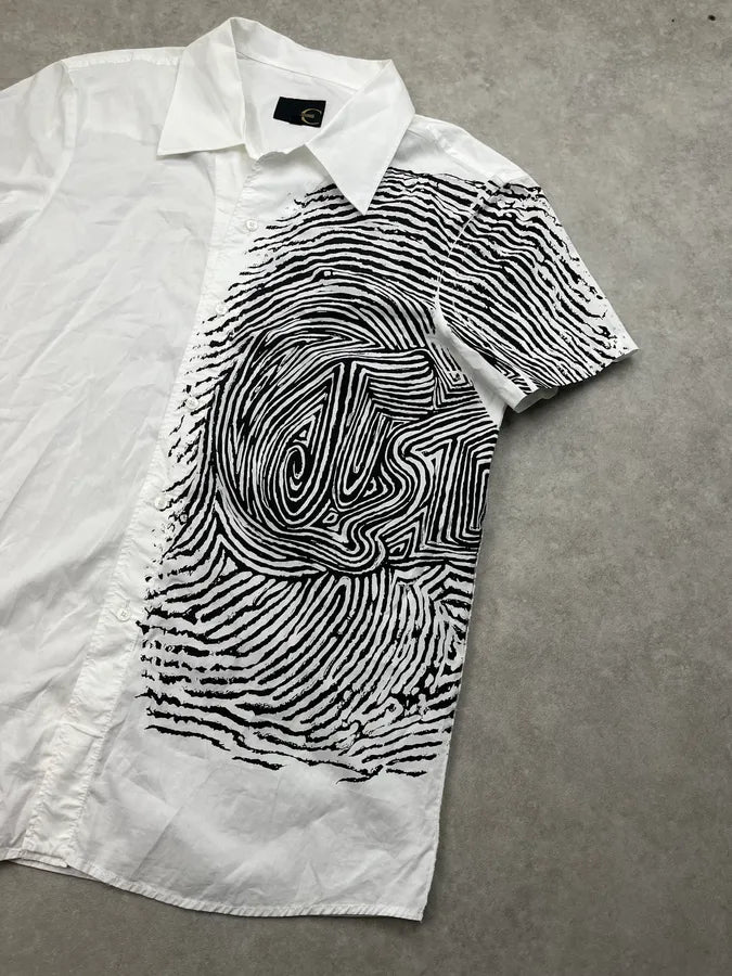 2000s Cavalli White Abstract Fingerprint Short Sleeves Shirt LSzMohY 4