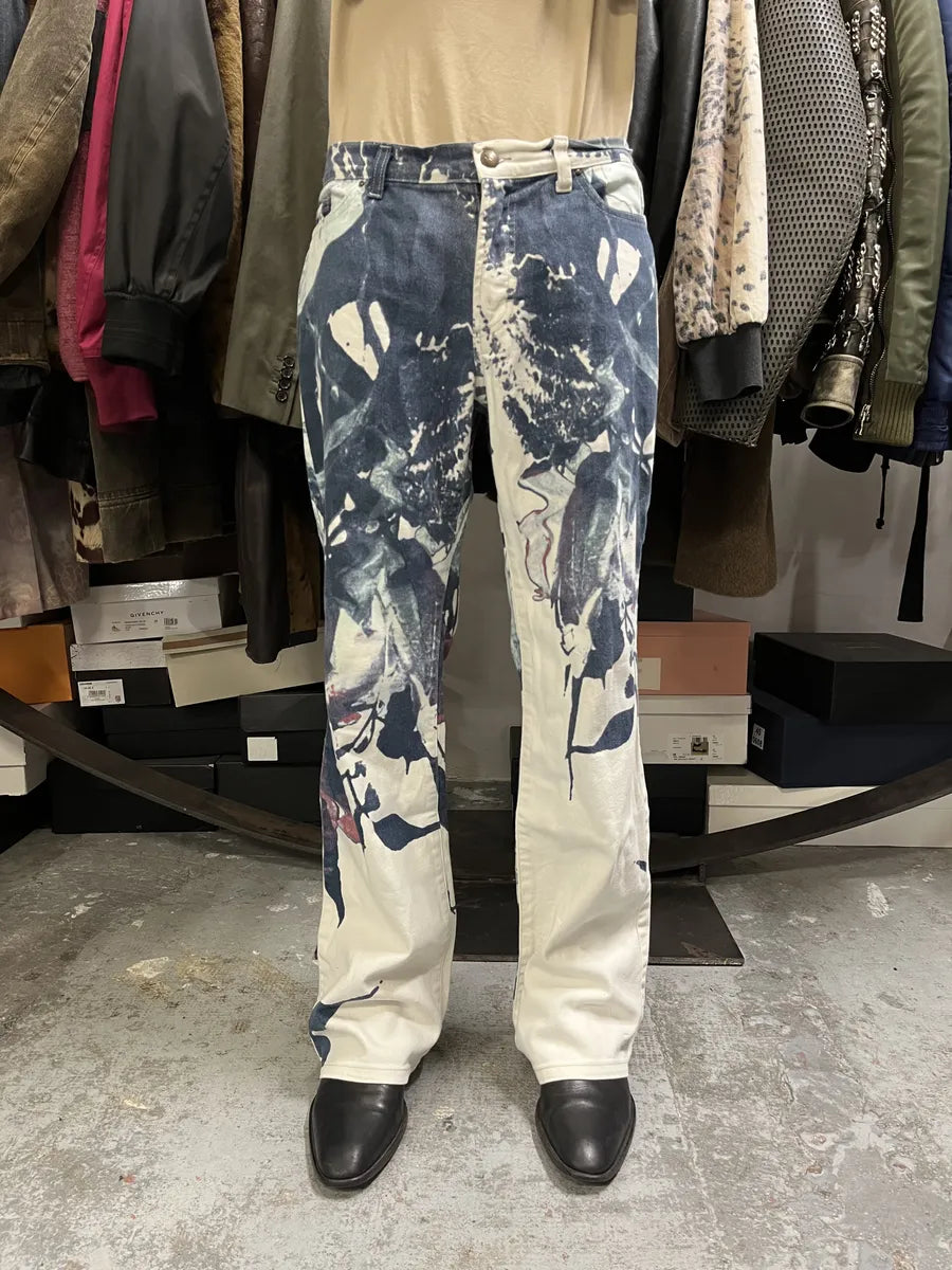 2000s Cavalli White Floral Spectrum Relaxed Straight Pants FxLKqCn 2