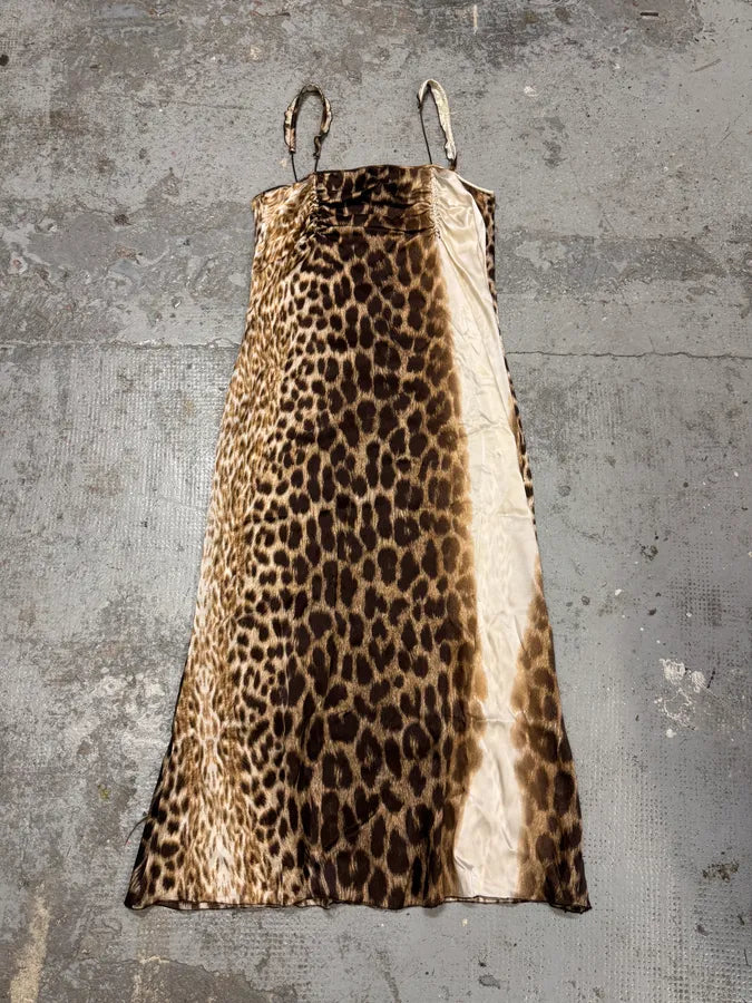 2000s Cavalli White Leopard Print Long Silk Dress rlRPVll 0