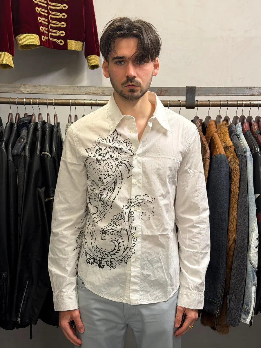 2000s Cavalli White Presley Tribal Floral Shirt DLSnRpK 1