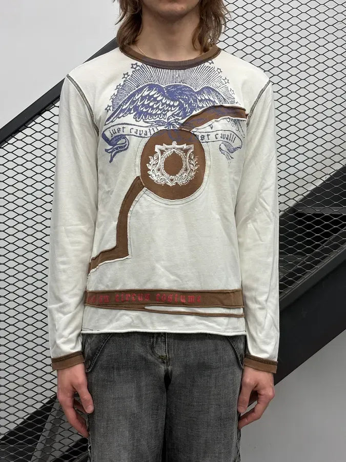 2000s Cavalli White Stitched Royal Emblem Longsleeve T-Shirt pYpHMfO 0