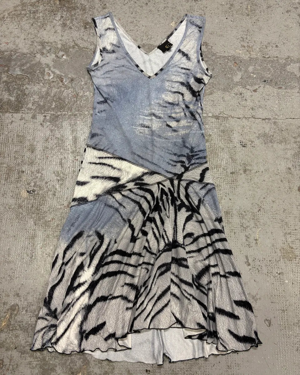 2000s Cavalli Zebra Safari Blue & White Savage Dres QeMeDUb 0