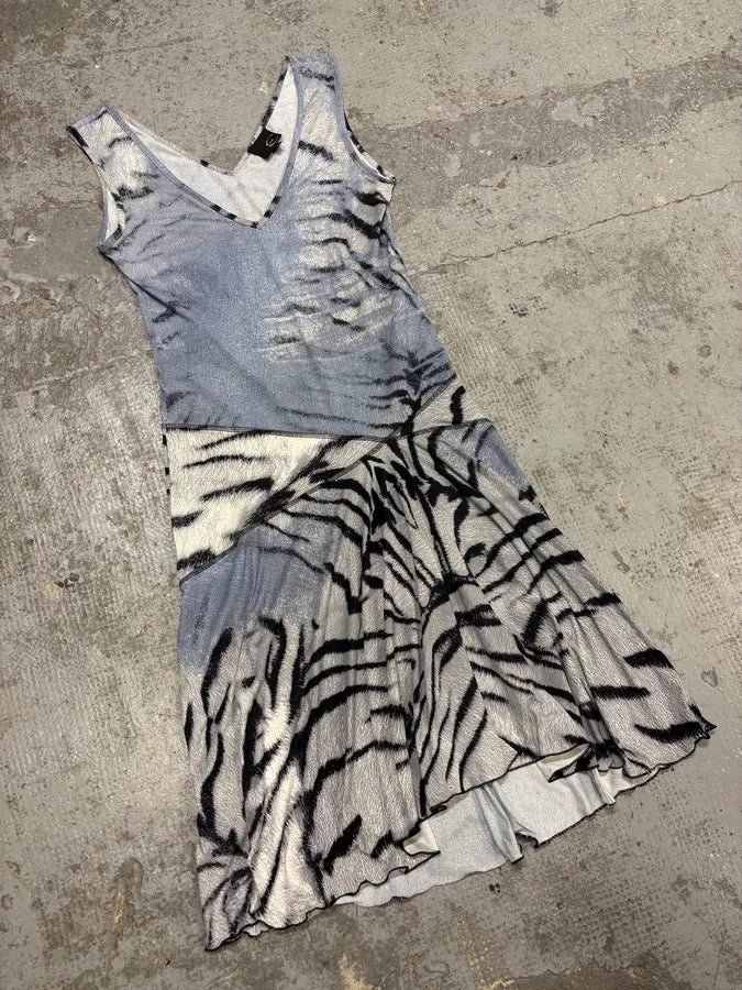 2000s Cavalli Zebra Safari Blue & White Savage Dres QeMeDUb 1