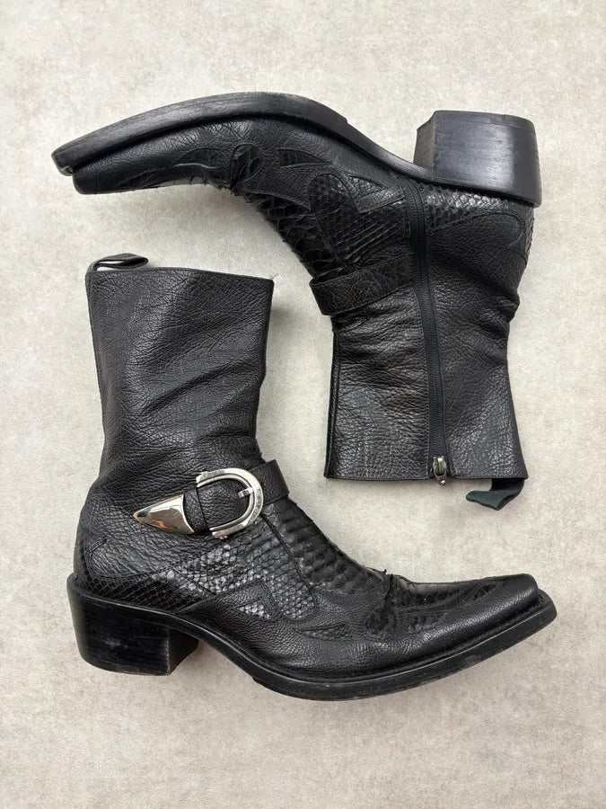 2000s Cesare Paciotti Black Python Leather Western Boots  sBIypxu 3