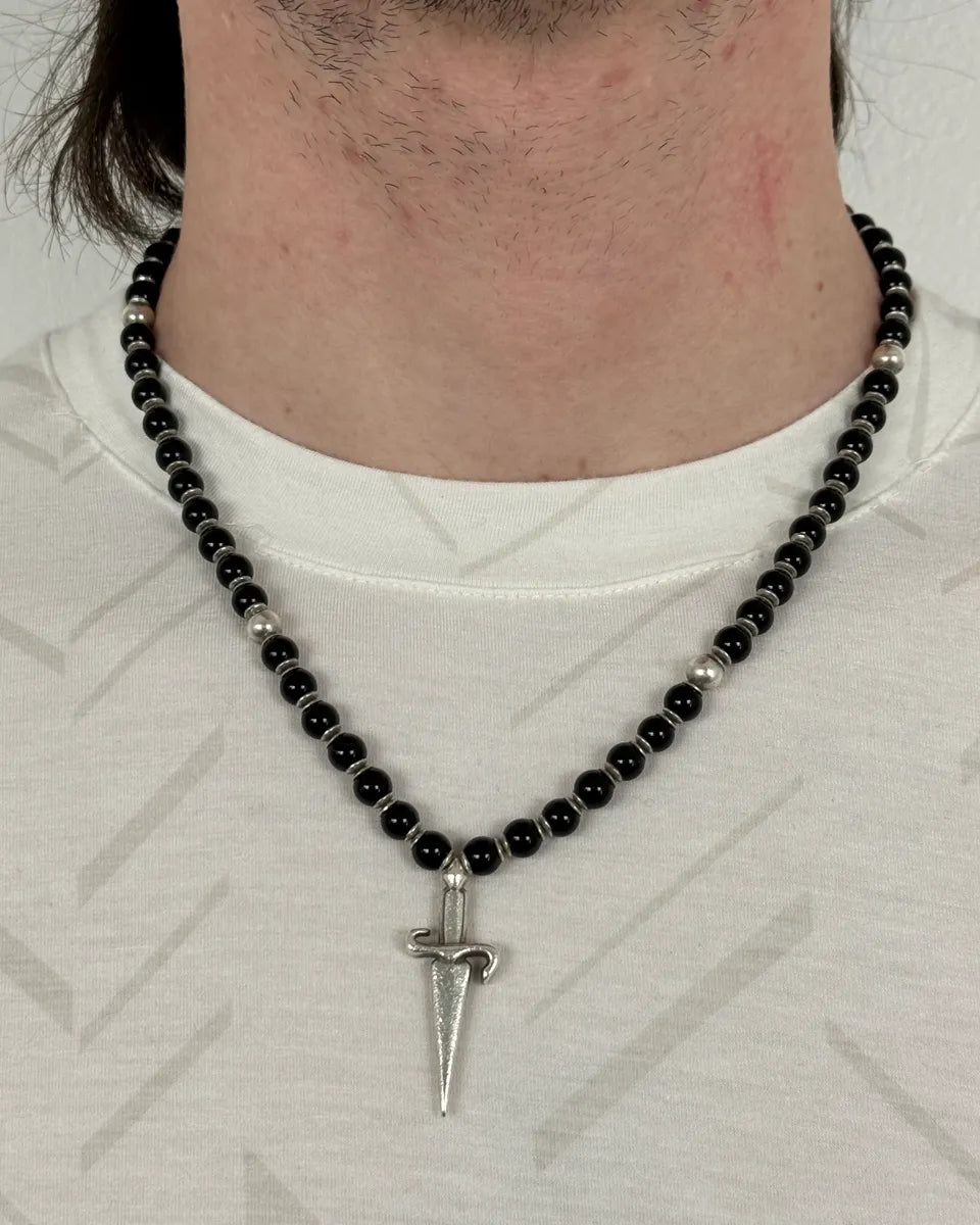 2000s Cesare Paciotti Dagger Black Pearls Silver Necklace rSXYVXH 1