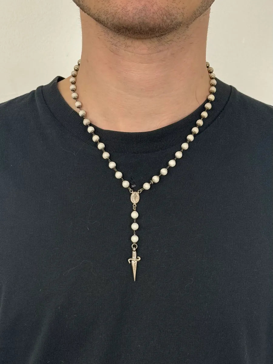 2000s Cesare Paciotti Dagger Rosary White Pearls Silver Necklace EIVofrC 1