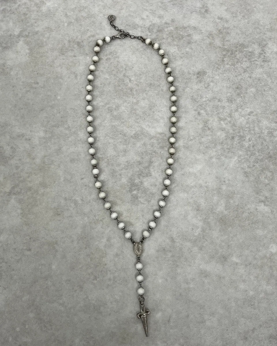 2000s Cesare Paciotti Dagger Rosary White Pearls Silver Necklace EIVofrC 0