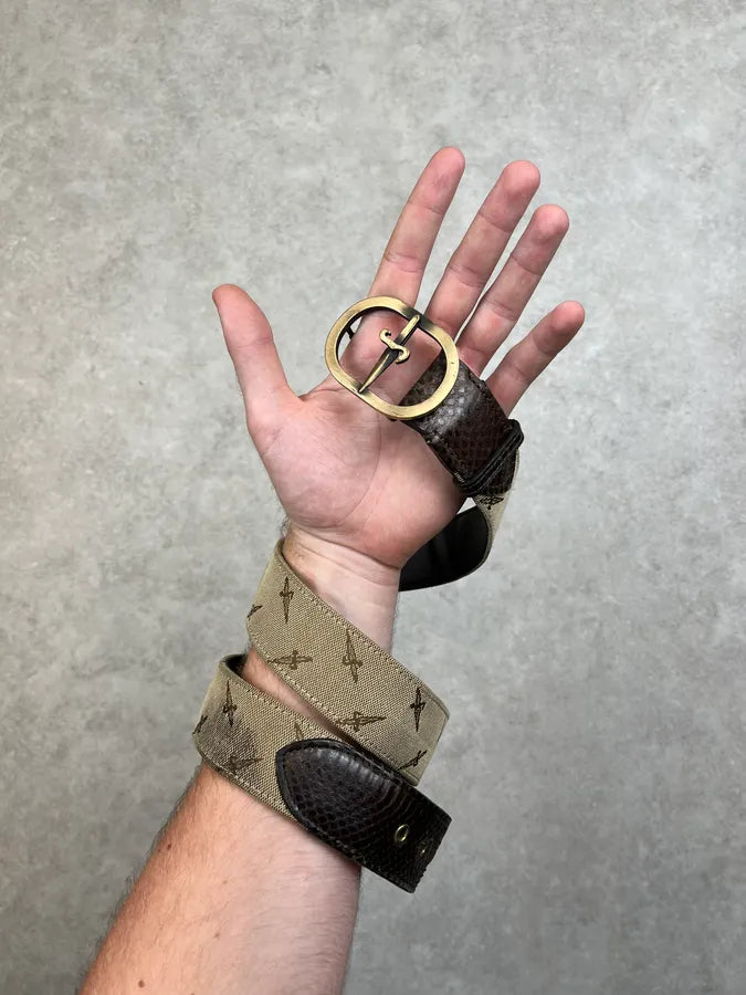 2000s Cesare Paciotti Hybrid Leather Canvas Logo Dagger Belt IioHVLf 1