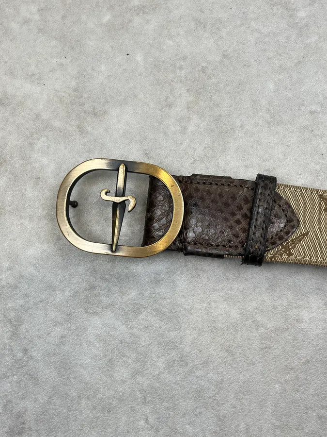 2000s Cesare Paciotti Hybrid Leather Canvas Logo Dagger Belt IioHVLf 5