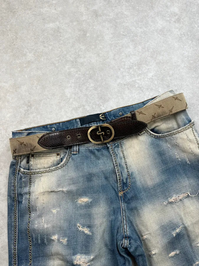 2000s Cesare Paciotti Hybrid Leather Canvas Logo Dagger Belt IioHVLf 0