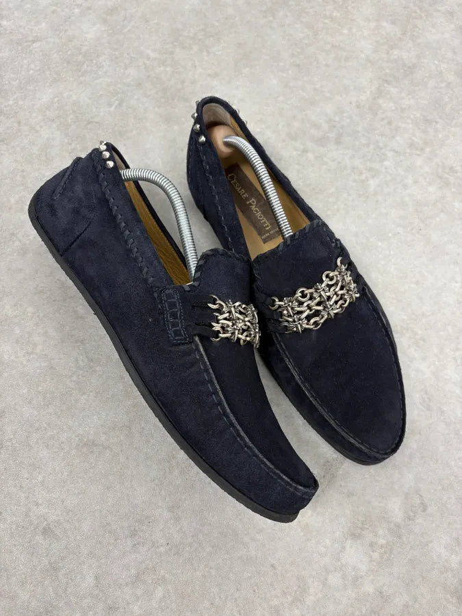 2000s Cesare Paciotti Navy Suede Ornamental Chain Loafers dRSMSeV 6