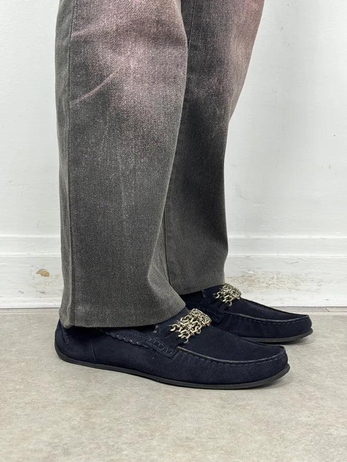 2000s Cesare Paciotti Navy Suede Ornamental Chain Loafers dRSMSeV 2