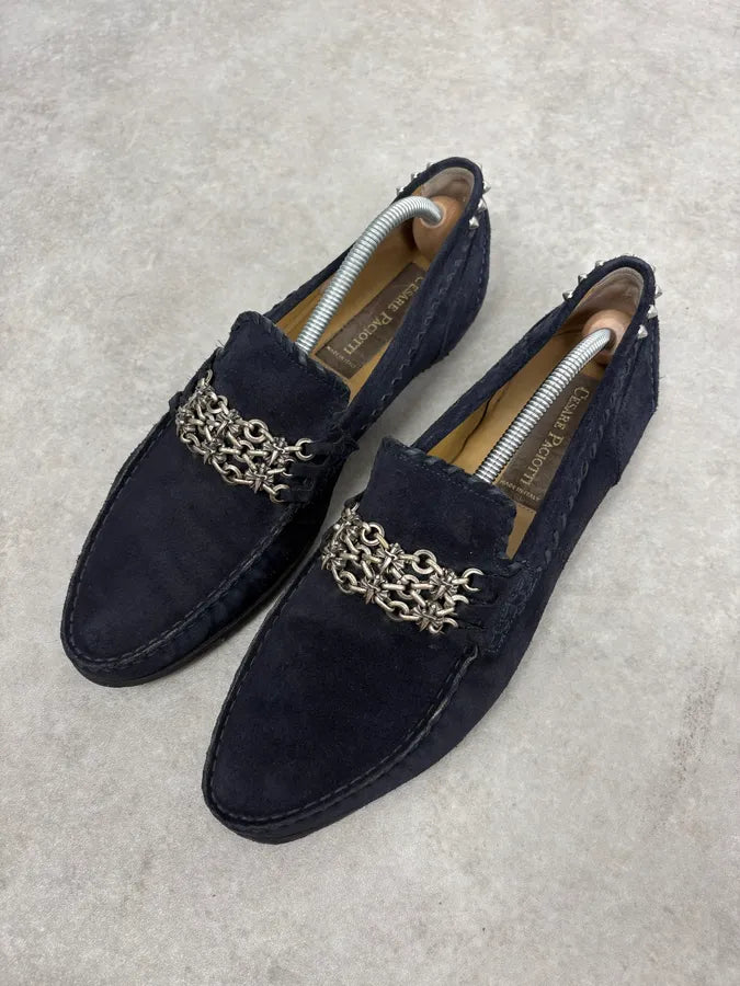 2000s Cesare Paciotti Navy Suede Ornamental Chain Loafers dRSMSeV 4