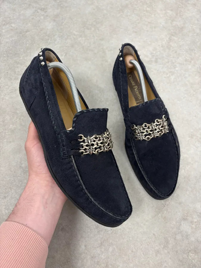 2000s Cesare Paciotti Navy Suede Ornamental Chain Loafers dRSMSeV 0