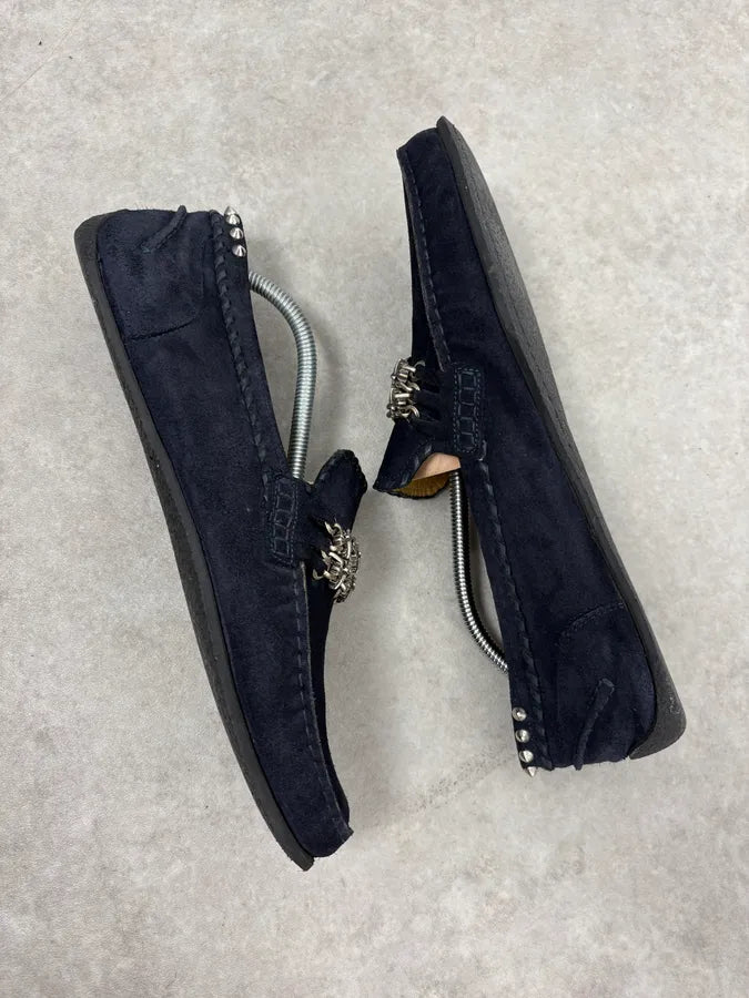 2000s Cesare Paciotti Navy Suede Ornamental Chain Loafers dRSMSeV 7