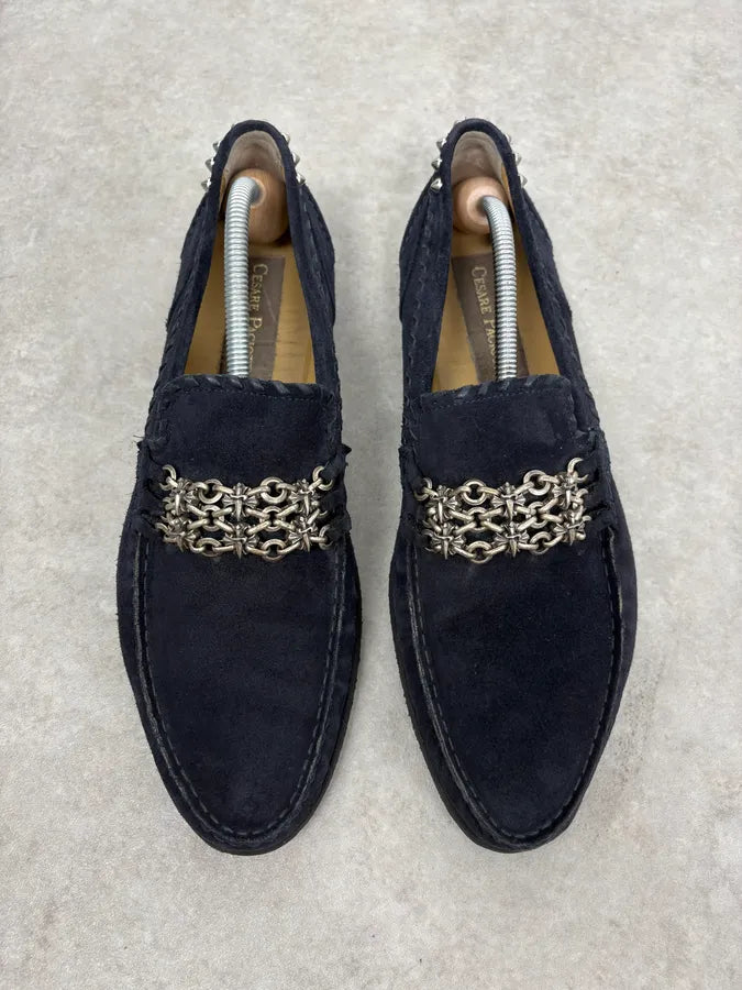 2000s Cesare Paciotti Navy Suede Ornamental Chain Loafers dRSMSeV 3