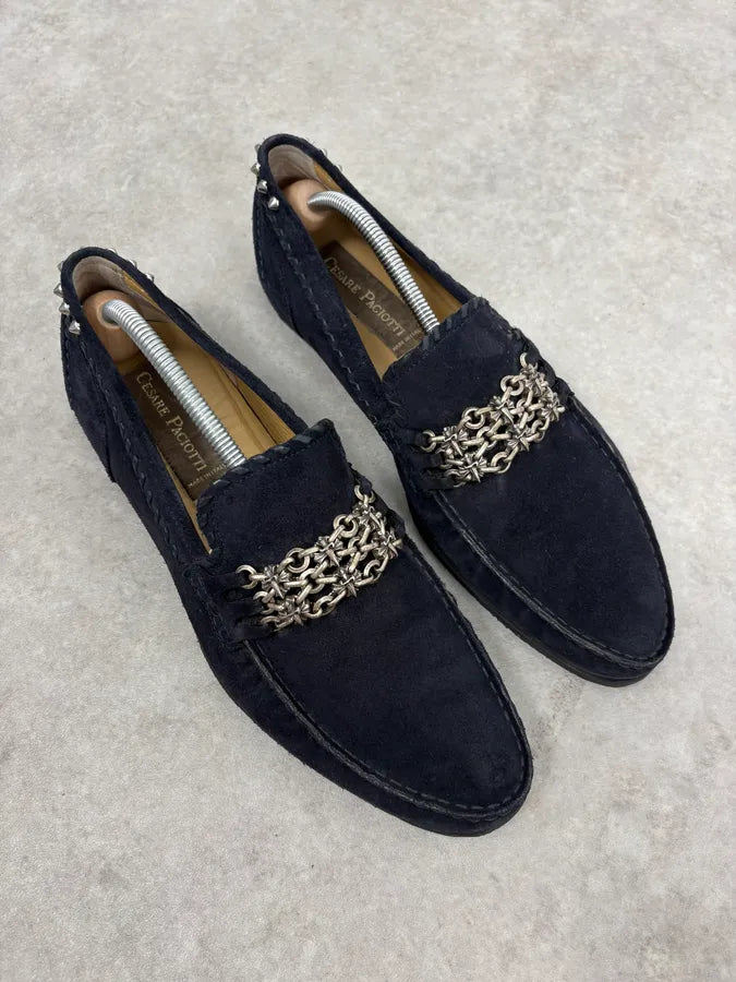 2000s Cesare Paciotti Navy Suede Ornamental Chain Loafers dRSMSeV 5
