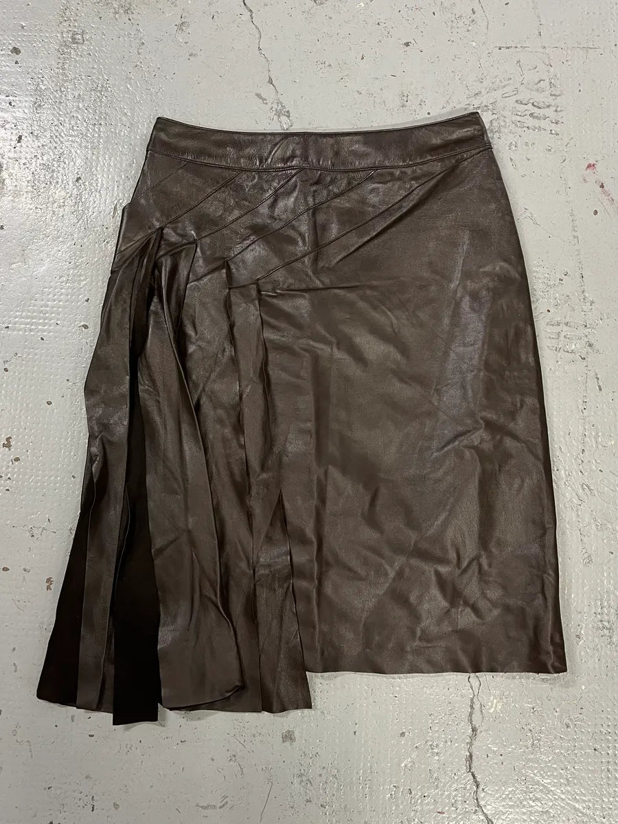 2000s Chanel Brown Leather Asymmetric Fringe Skirt cbwLGeb 0