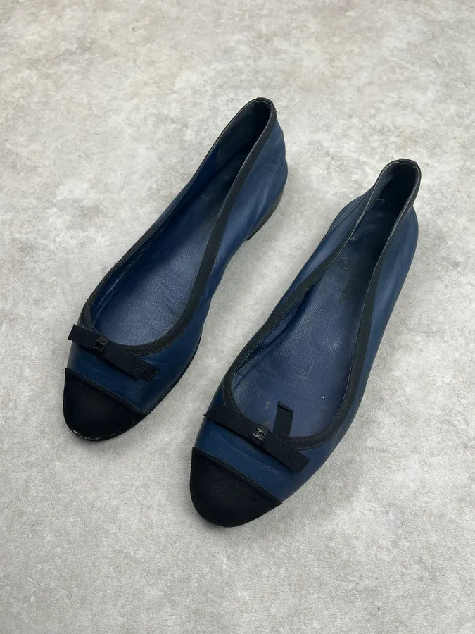 2000s Chanel Navy Leather Ballet Flats jldIjzR 2