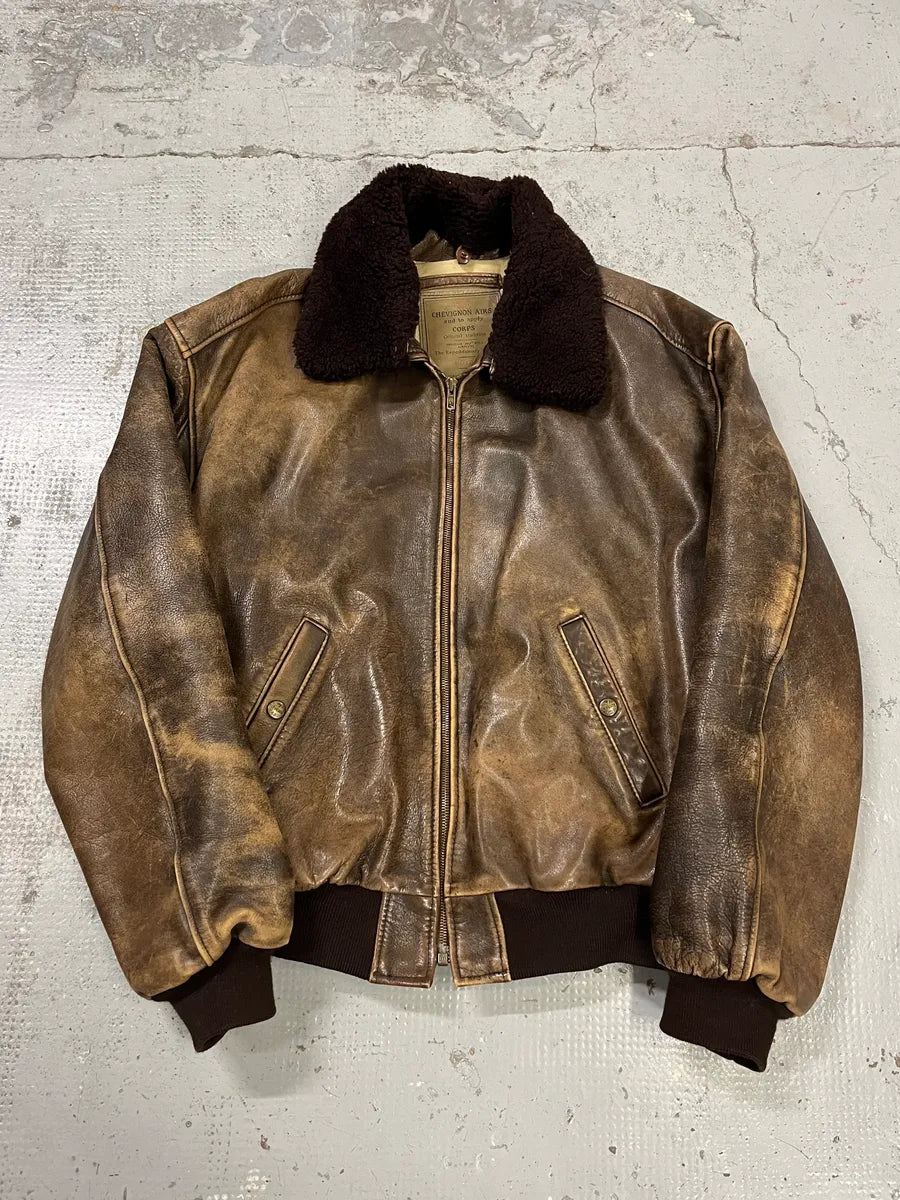2000s Chevignon Aged Brown Aviator Bomber Leather Jacket UfNrAMD 0