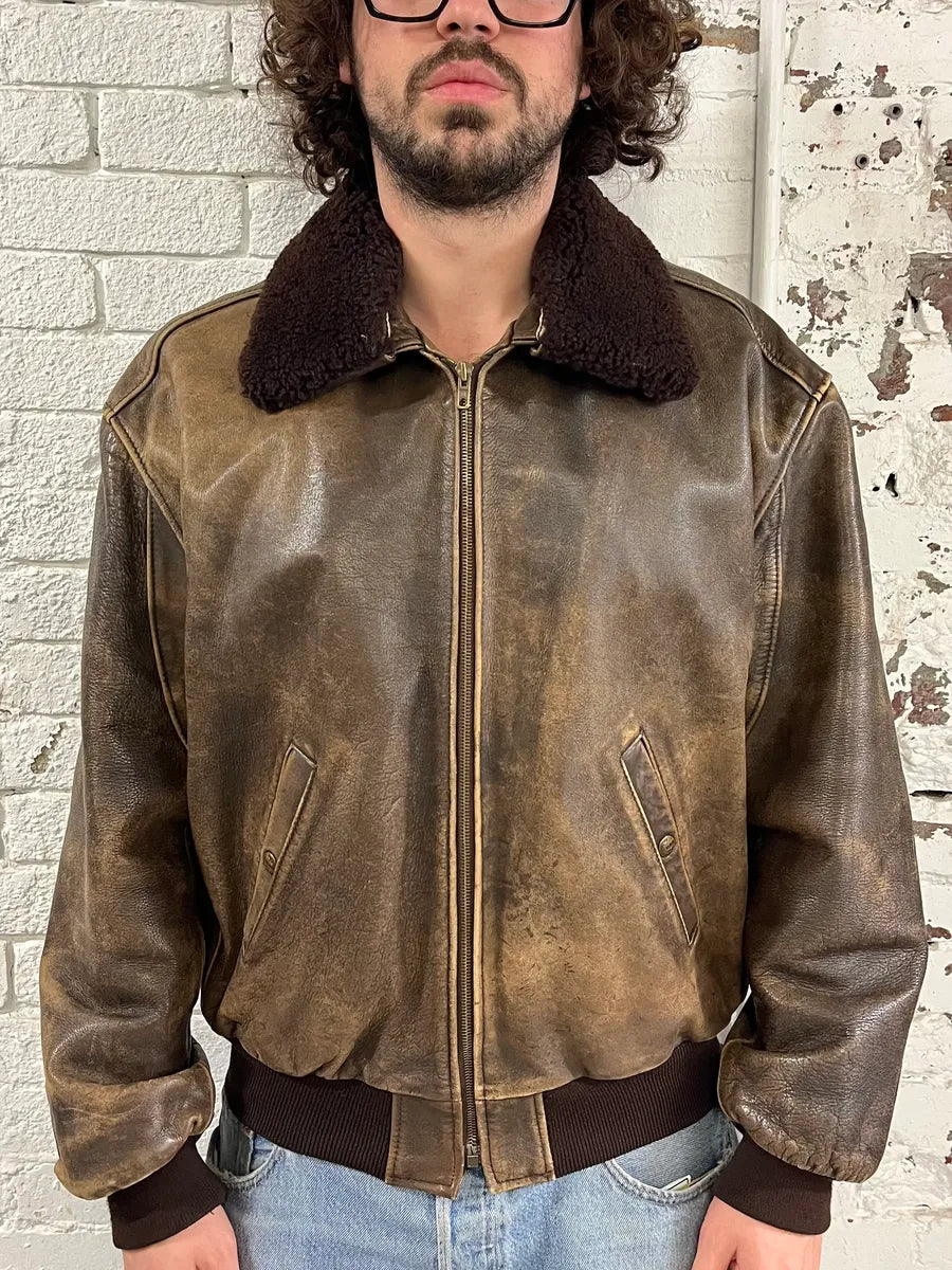 2000s Chevignon Aged Brown Aviator Bomber Leather Jacket UfNrAMD 1