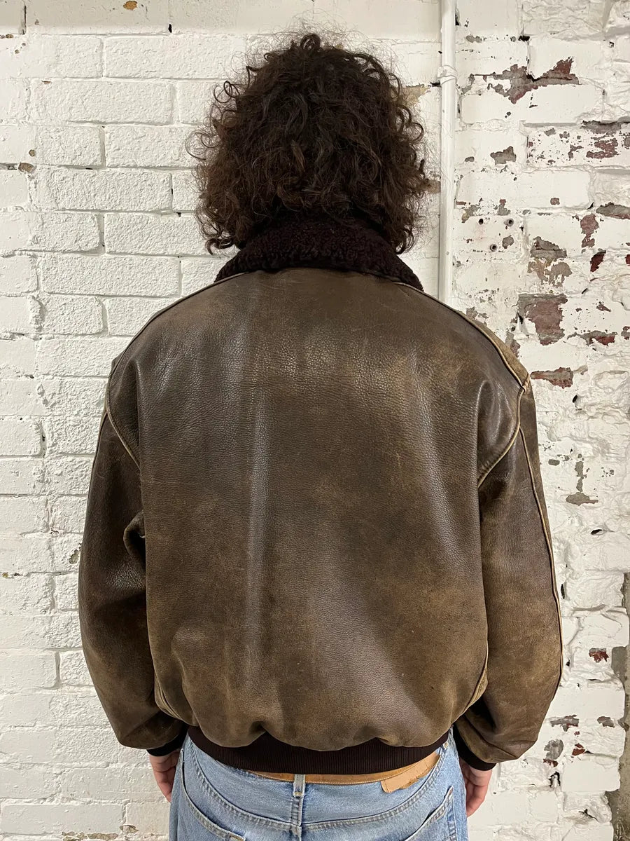 2000s Chevignon Aged Brown Aviator Bomber Leather Jacket UfNrAMD 2
