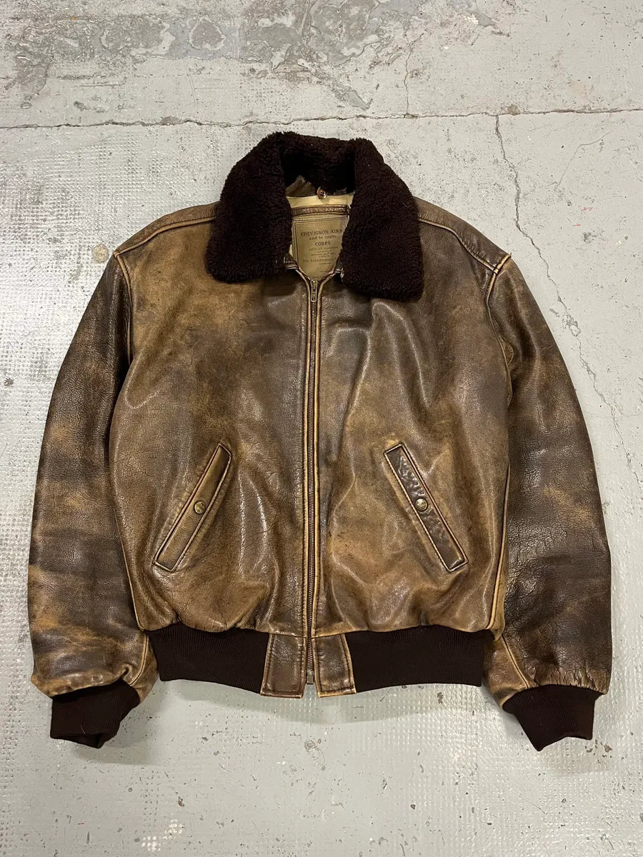2000s Chevignon Aged Brown Aviator Bomber Leather Jacket UfNrAMD 3