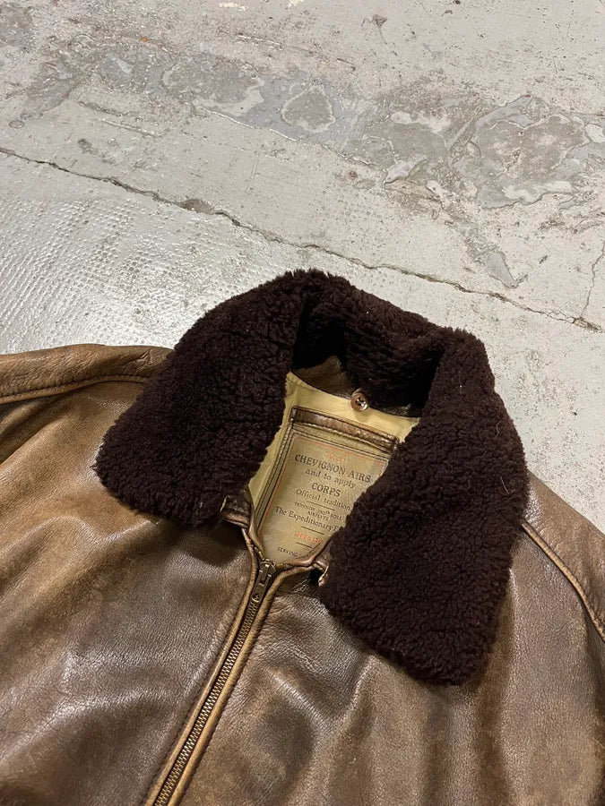 2000s Chevignon Aged Brown Aviator Bomber Leather Jacket UfNrAMD 4