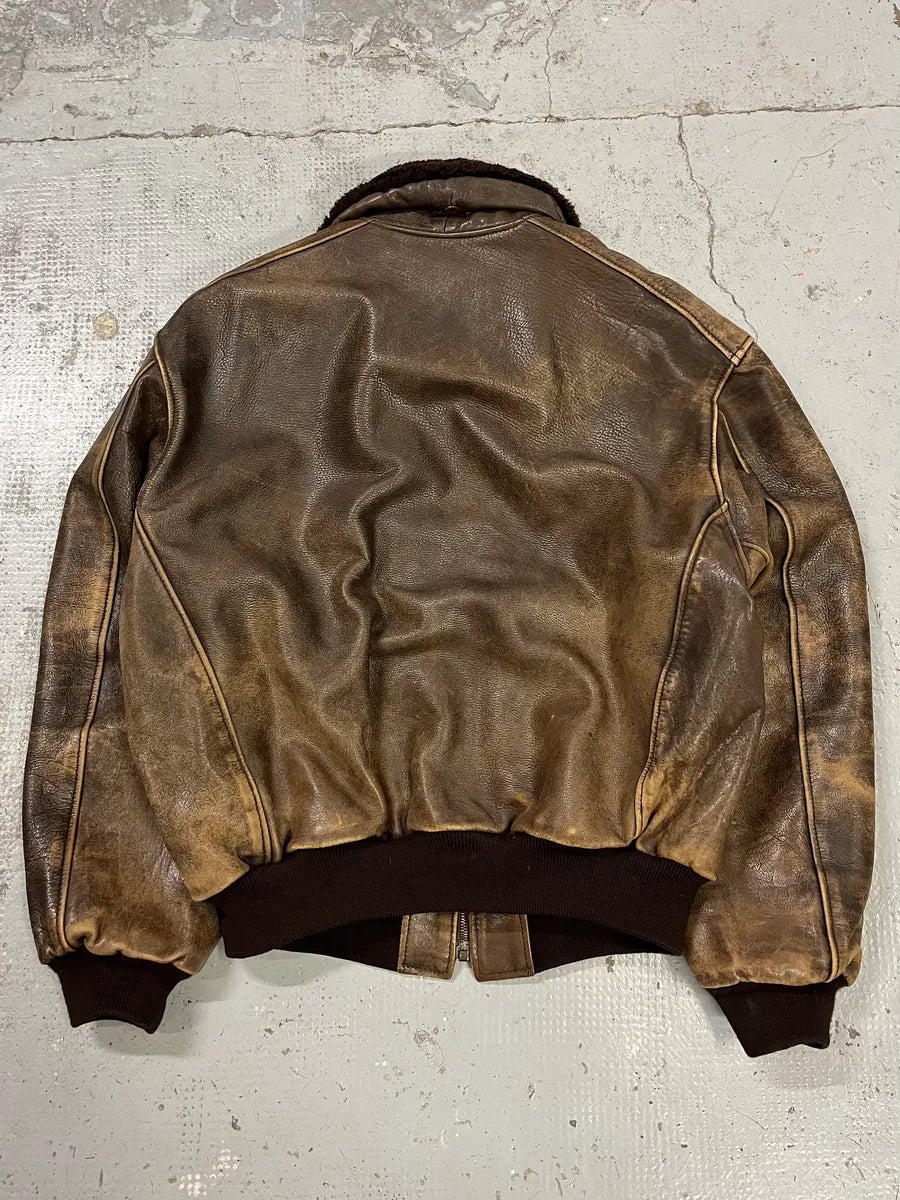 2000s Chevignon Aged Brown Aviator Bomber Leather Jacket UfNrAMD 6