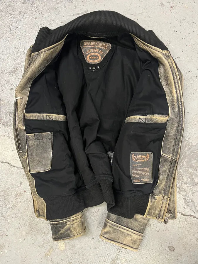 2000s Chevignon Aged Leather Bomber Jacket BExqvAR 5