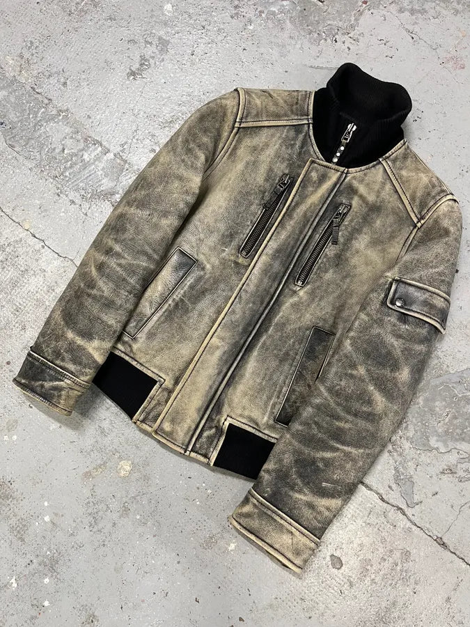 2000s Chevignon Aged Leather Bomber Jacket BExqvAR 3