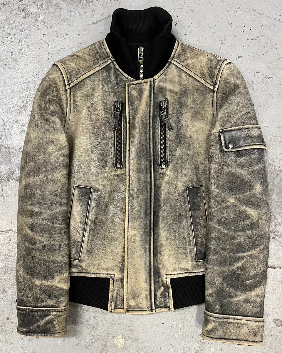 2000s Chevignon Aged Leather Bomber Jacket BExqvAR 0