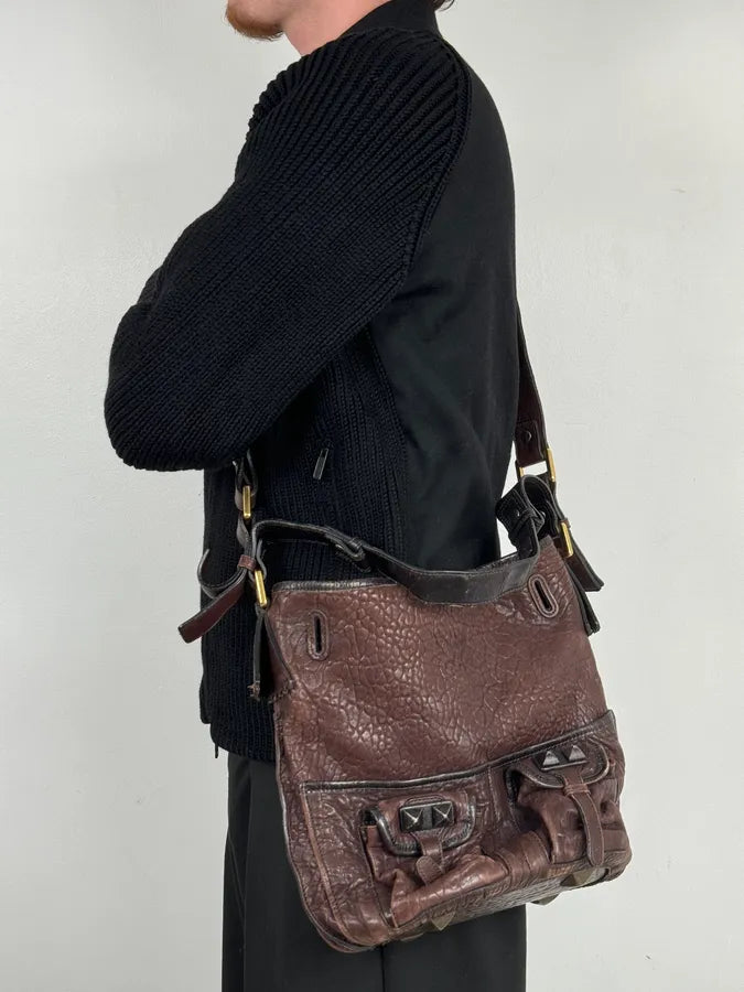 2000s Chloé Brown Grained Leather Studded Shoulder Bag pBaVriq 1