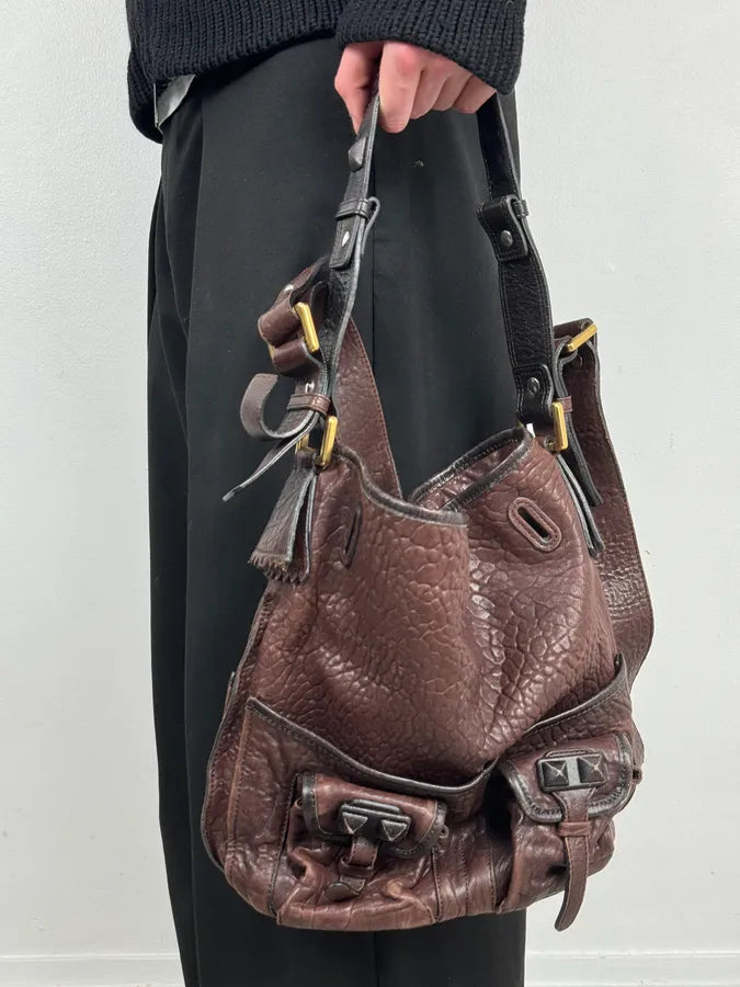 2000s Chloé Brown Grained Leather Studded Shoulder Bag pBaVriq 2