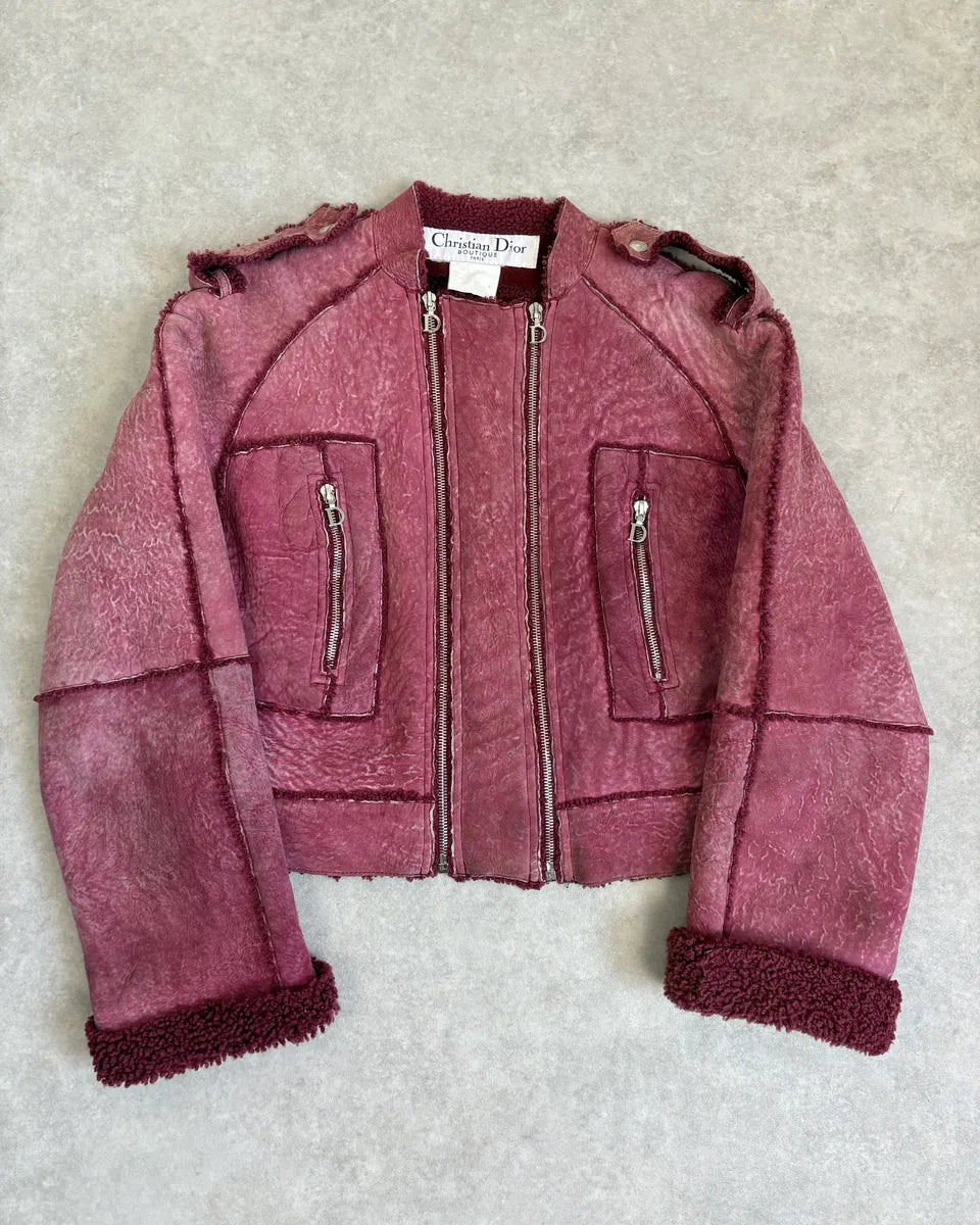2000s Christian Dior Burgundy Shearling Leather Jacket IeCjqXt 0