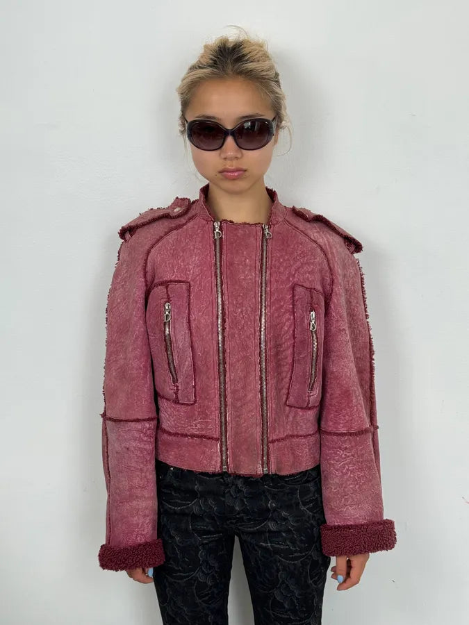 2000s Christian Dior Burgundy Shearling Leather Jacket IeCjqXt 1