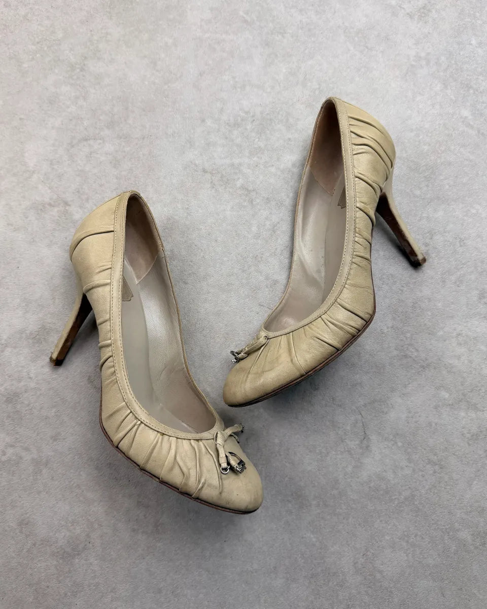 2000s Christian Dior Khaki Beige Leather Gathered Bow Heels AkTLKfn 1