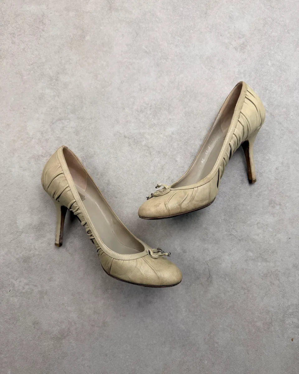 2000s Christian Dior Khaki Beige Leather Gathered Bow Heels AkTLKfn 2