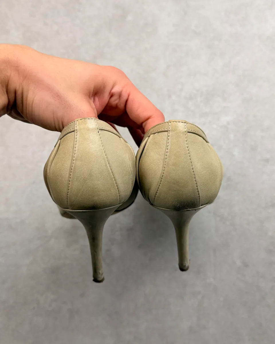 2000s Christian Dior Khaki Beige Leather Gathered Bow Heels AkTLKfn 4