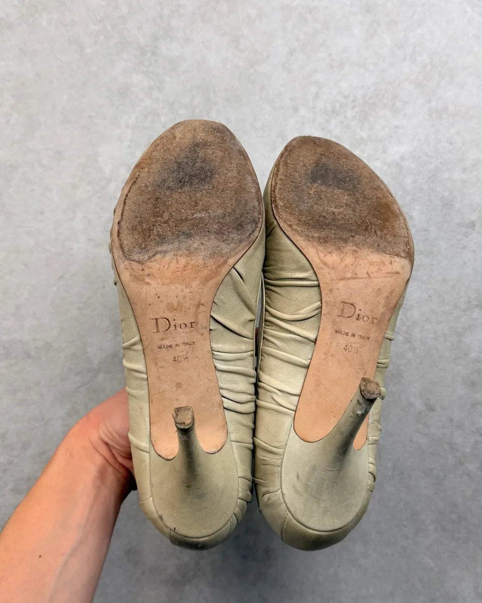 2000s Christian Dior Khaki Beige Leather Gathered Bow Heels AkTLKfn 6