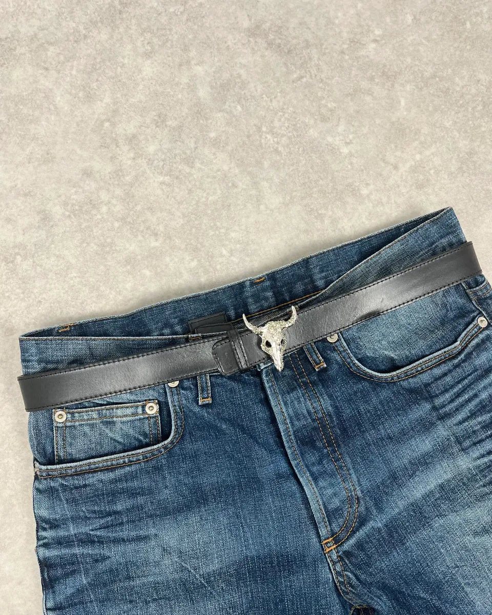 2000s Christian Lacroix Pave Bull Skull Buckle Black Leather Belt mZixYAs 0