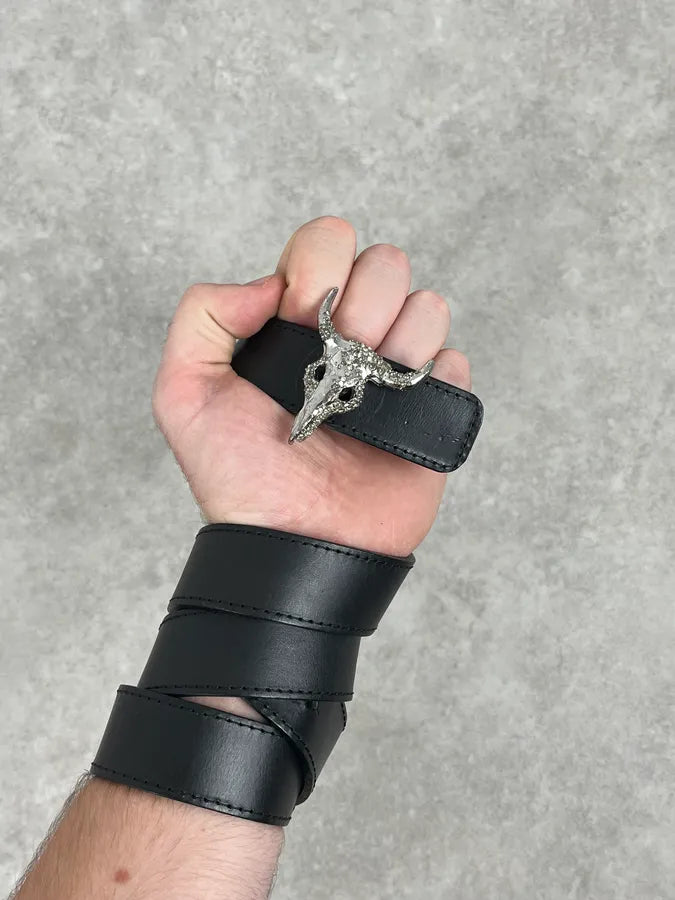 2000s Christian Lacroix Pave Bull Skull Buckle Black Leather Belt mZixYAs 1