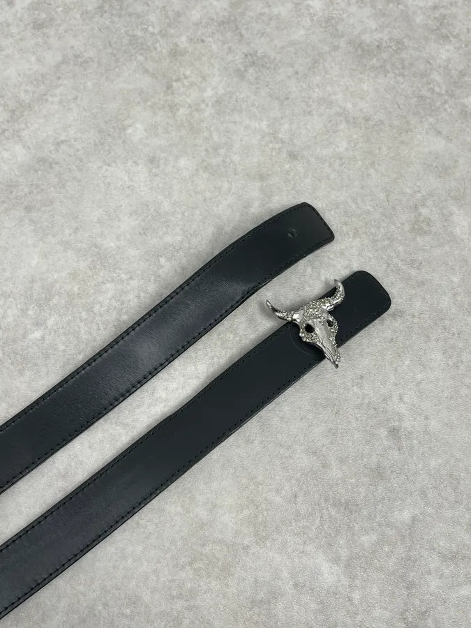 2000s Christian Lacroix Pave Bull Skull Buckle Black Leather Belt mZixYAs 2