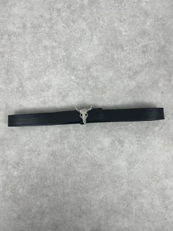 2000s Christian Lacroix Pave Bull Skull Buckle Black Leather Belt mZixYAs 3