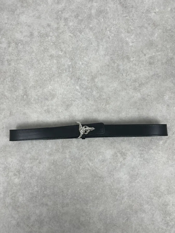 2000s Christian Lacroix Pave Bull Skull Buckle Black Leather Belt mZixYAs 4