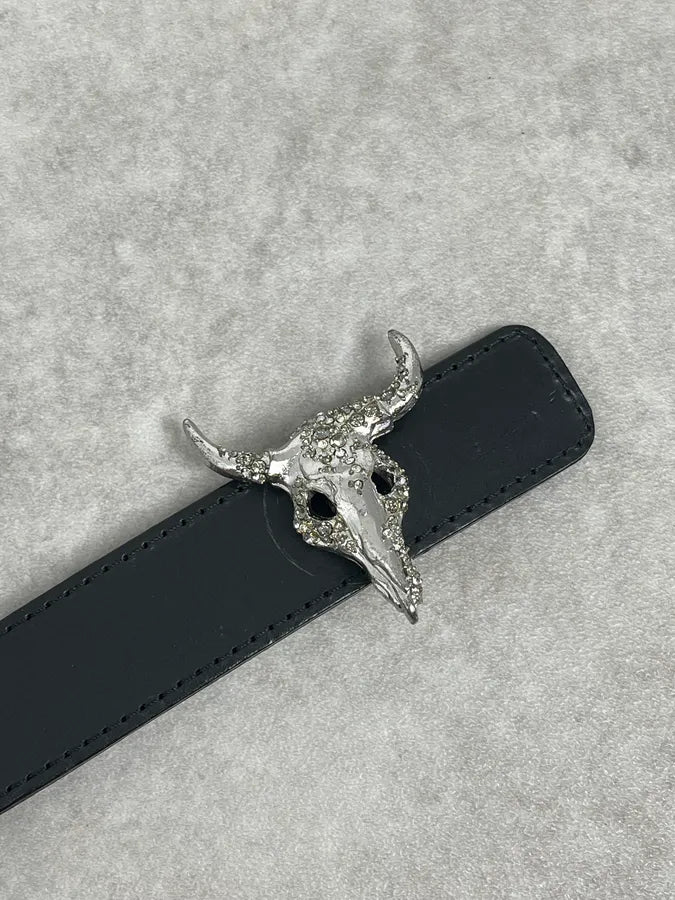 2000s Christian Lacroix Pave Bull Skull Buckle Black Leather Belt mZixYAs 5